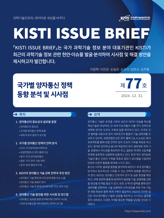 KISTI, '국가별 양자통신 정책 동향 분석 및 시사점' 대한 이슈브리프 발간