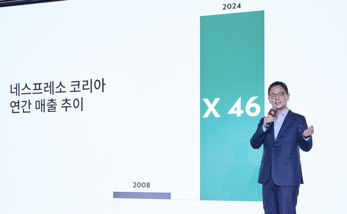 15일 박성용 네스프레소 코리아 대표가 2025 신규 캠페인 론칭 미디어 행사에서 발표하고 있다. (사진제공=네스프레소)