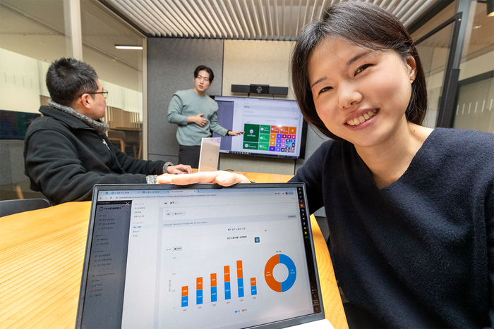 KT가 데이터플랫폼 기업 아이지에이웍스와 협력해 TV 광고 분석 솔루션 TV 애드 인덱스를 출시했다고 21일 밝혔다. KT 직원들이 TV 애드 인덱스로 광고 효과를 분석 중인 모습.