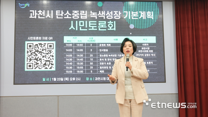 신계용 과천시장이 23일 시청 대강당에서 '과천시 탄소중립 녹색성장 기본계획' 수립을 위한 시민토론회에서 인사말을 하고 있다.