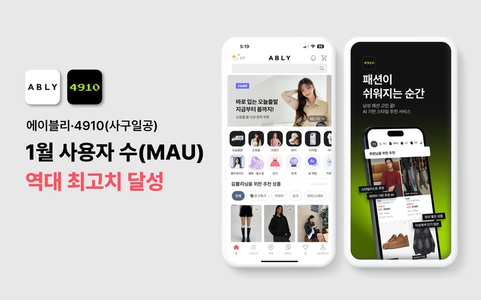 에이블리와 4910(사구일공)이 1월 사용자 수 역대 최고치를 달성했다.