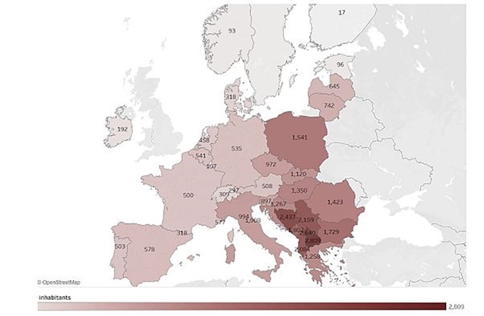 유럽환경청(EEA) 대기질 지도 '2022년 미세먼지의 장기간 노출로 인한 사망률'. 자료 출처 : EEA