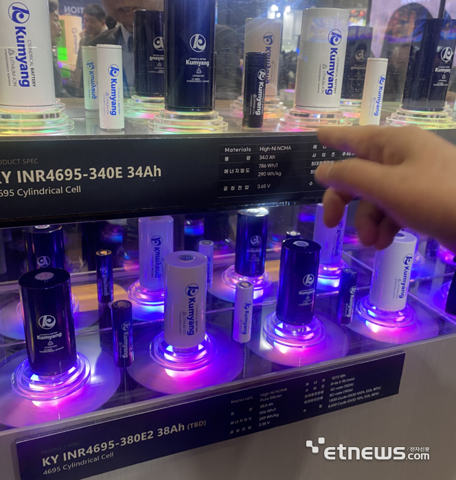 금양이 인터배터리 2025에서 선보인 4695 원통형 배터리 셀. 현재 소량 양산 중인 4695 셀(위)과 개발 중인 초급속충전 4695 셀(아래)