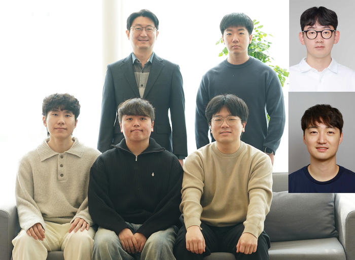 뒷줄 왼쪽부터 시계방향으로 이규빈 AI융합학과 교수, 맹제모 박사과정생, 신성호 현대자동차 로보틱스랩 책임연구원, 백승혁 한국기계연구원 선임연구원, 이주순·이상범 석박사통합과정(박사과정생), 김강민 박사과정생.