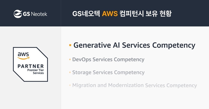 GS네오텍이 아마존웹서비스(AWS)의 '생성형 인공지능(AI) 컴피턴시'를 획득했다.