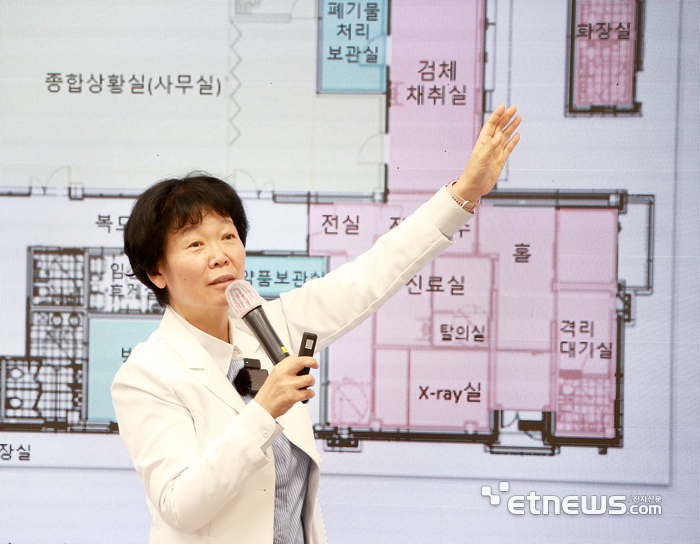 이현숙 광명보건소장이 29일 시청 중회의실에서 열린 정책브리핑에서 7월 개소 예정인 감염병대응센터 구조에 대해 설명하고 있다.