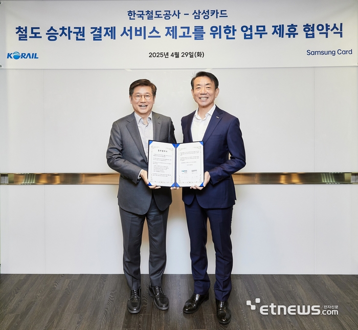 삼성카드 김이태 사장(왼쪽)과 한국철도공사 한문희 사장(오른쪽)이 기념사진을 촬영하고 있다