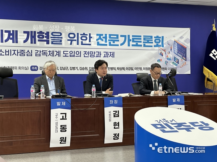 1일 국회의원회관에서 열린 '금융감독체계 개혁을 위한 전문가 토론회'에서 좌장을 맡은 김현정(사진 가운데) 의원이 발언하고 있다.