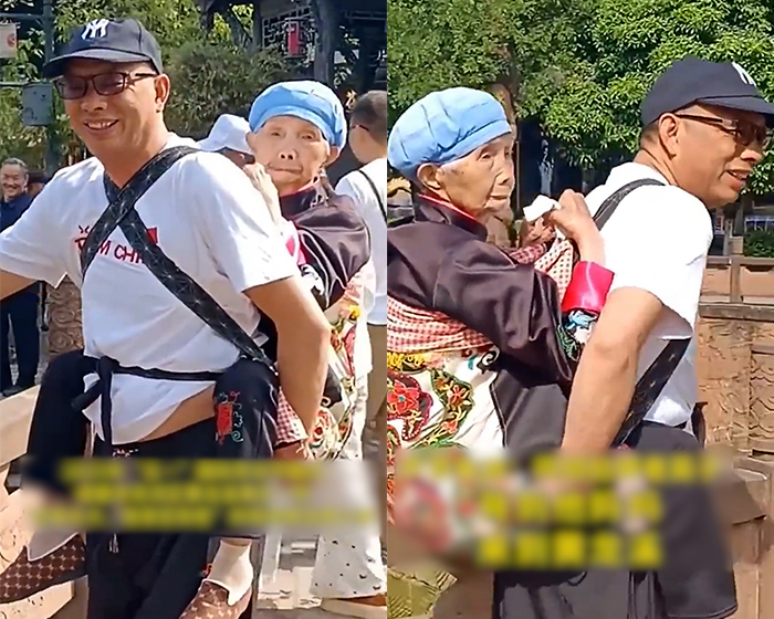 하반신 마비된 88세 어머니 업고 여행하는 中 50대 아들