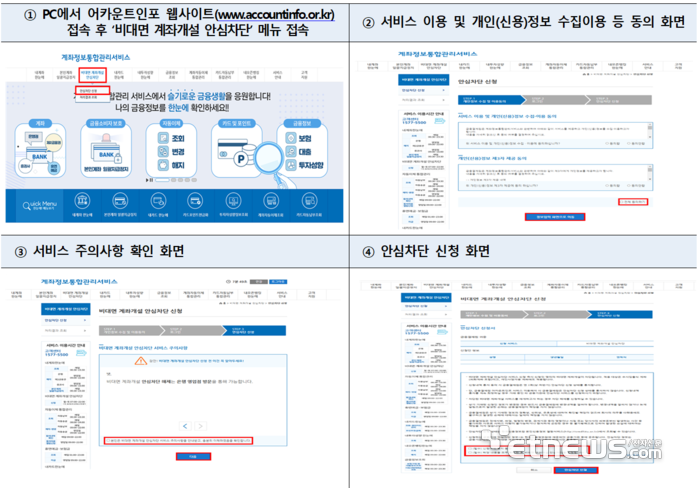어카운트인포 홈페이지(www.accountinfo.or.kr) 비대면 계좌개설 안심차단 신청 방법