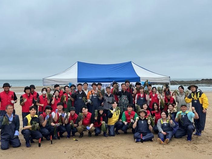 전상욱 충남도 해양수산국장, 맹윤주 LX판토스 경영지원담당, 이주영 태안부군수, 신정원 초록우산 사회공헌협력 본부장, 양정규 한국수산자원공단 서해본부장, 도민 등 50여 명은 업무협약 후 의항해수욕장 일원에서 잘피 이식 및 해양환경 정화 활동을 펼쳤다