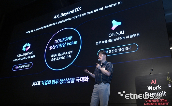 전자신문이 주최한 AI 워크 서밋 행사가 '기업 혁신을 이끄는 AI 에이전트 활용전략'을 주제로 21일 서울 양재동 엘타워에서 열렸다. 전충재 더존비즈온 상무가 'AI가 주도하는 기업 솔루션의 새로운 패러다임'을 주제로 기조강연 하고 있다. 박지호기자 jihopress@etnews.com