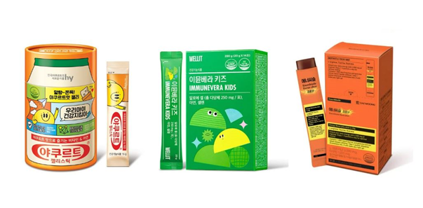 알피바이오가 생산하는 젤리스틱 제품. (왼쪽부터)에치와이 야쿠르트 젤리스틱, 이삼오구 이뮨베라, 대웅제약 에너씨슬 집중샷(사진=알피바이오)