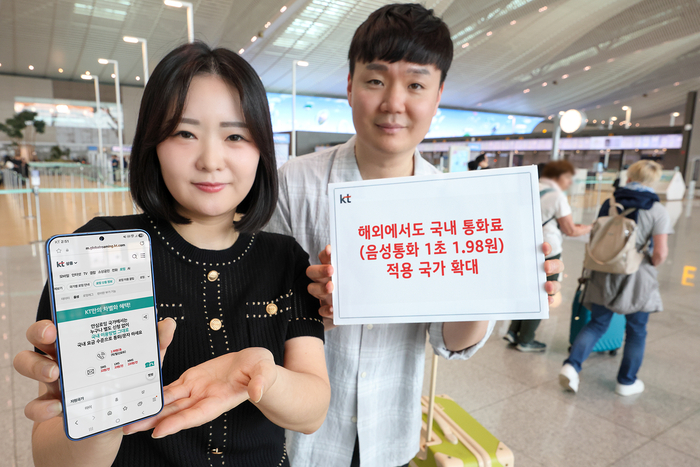 KT 모델들이 안심 로밍 서비스 확대 소식을 알리고 있다.