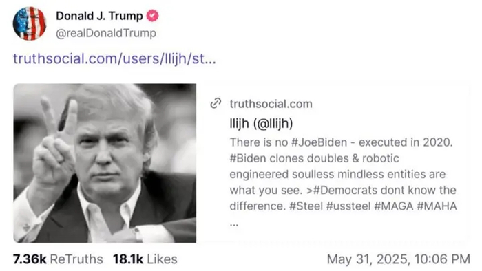 트럼프 대통령이 공유한 바이든 전 대통령 관련 음모론. 사진=트루스소셜 캡처