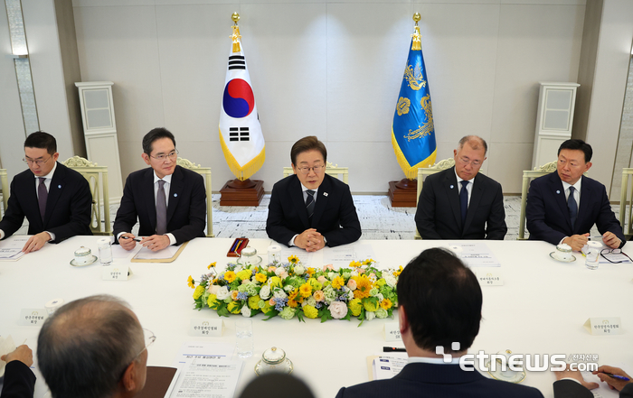 이재명 대통령이 13일 서울 용산 대통령실에서 열린 6경제단체·기업인 간담회에서 발언하고 있다. 왼쪽부터 구광모 LG그룹 회장, 이재용 삼성전자 회장, 이 대통령, 정의선 현대차그룹 회장, 신동빈 롯데그룹 회장.
연합뉴스