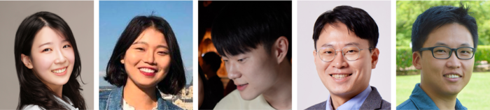 왼쪽부터 주효진·이정은·승원 씨,  옥정슬 교수, 황인석 교수