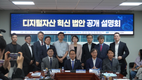 17일 더불어민주당 정무위원회 주최, 한국핀테크산업협회 주관한 '디지털자산 혁신 법안 공개 설명회'에서 주요 참석자들이 기념사진을 찍고 있다. (사진=한국핀테크산업협회)