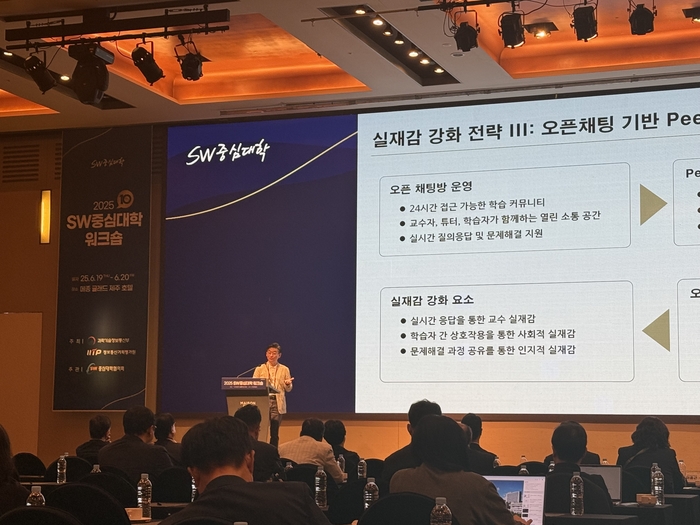 19일 열린 SW중심대학 워크숍에서 박인우 숙명여대 교수가 SW기초교육 확산에 대한 사례를 공유했다. (사진=이지희 기자)