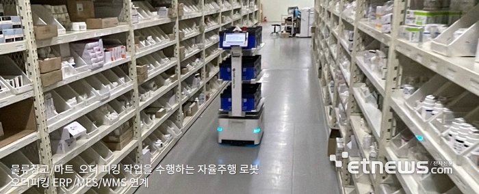 에이엠알랩스의 물류창고·마트 오더 피킹 작업을 수행하는 자율주행 로봇 모습.