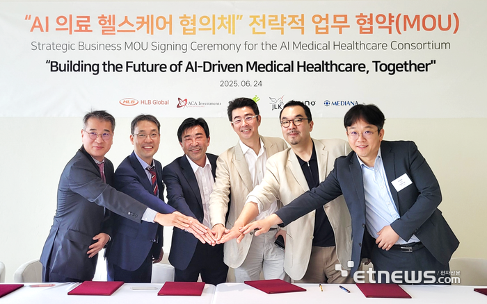 지난 24일 열린 'AI 의료 헬스케어 협의체' MOU 체결식에서 김광재 HLB글로벌 대표(왼쪽부터), 김동민 제이엘케이 대표, 아즈마 아키히로 ACA 회장, 곽민철 메디아나·셀바스AI 대표, 윤승현 셀바스AI 대표, 이예하 뷰노 대표가 기념촬영했다.