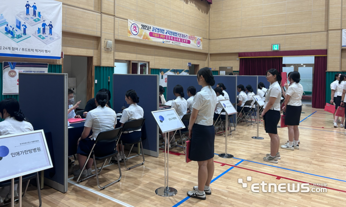 한국미래산업고 학생들이 기업 부스 앞에서 면접을 기다리고 있다.