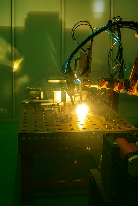 레이저-아크 하이브리드 용접장비로 용접 중인 모습