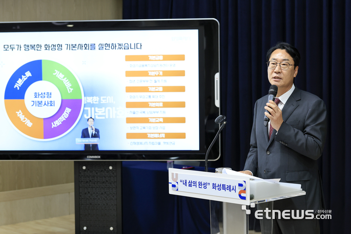 정명근 화성시장이 1일 민선8기 3주년 시정브리핑에서 화성형 기본사회에 대해 설명하고 있다.