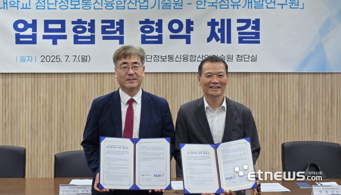 김현덕 첨단정보통신융합산업기술원장(왼쪽)과 김성만 한국섬유개발연구원장이 업무협력협약을 체결하고 있다.