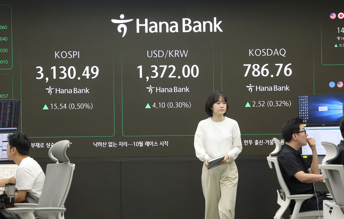 코스피, 장 초반 3,110대 보합세
(서울=연합뉴스) 류영석 기자 = 9일 오전 서울 중구 하나은행 본점 딜링룸에서 딜러가 업무를 보고 있다.
이날 코스피는 전날보다 8.27p(0.27%) 오른 3,123.22로 시작했다. 원/달러 환율은 4.1원 오른 1,372.0원으로, 코스닥은 2.09p(0.27%) 오른 786.33로 개장했다. 2025.7.9
ondol@yna.co.kr
(끝)