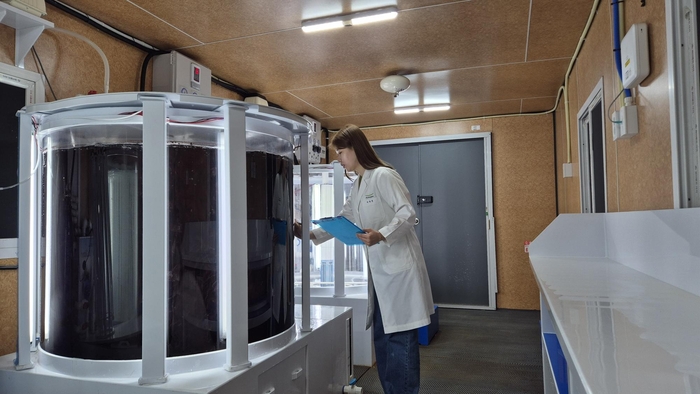 풀무원기술원 연구원이 바이오리엑터로 불리는 큰 수조 안에서 재배되고 있는 육상양식 김을 연구하고 있다.