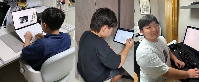 탐구활동 AI 솔루션 '과학동아AiR'를 활용해 각각 탐구, 발명, 소논문 작성으로 과학 탐구 역량을 키워 나가고 있는 구민준(정덕초 4학년), 최우진(시흥은행중 1학년), 이주안(덜위치칼리지서울영국학교 12학년) 학생들. 사진=동아사이언스 제공