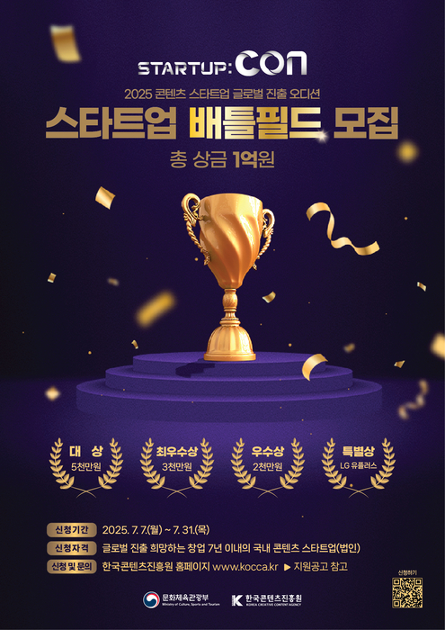 문화체육관광부와 한국콘텐츠진흥원은 오는 9월 개최되는 한국 콘텐츠 업계 유일의 스타트업 행사 '2025 스타트업콘'의 '배틀필드' 참가 기업을 공개 모집한다.