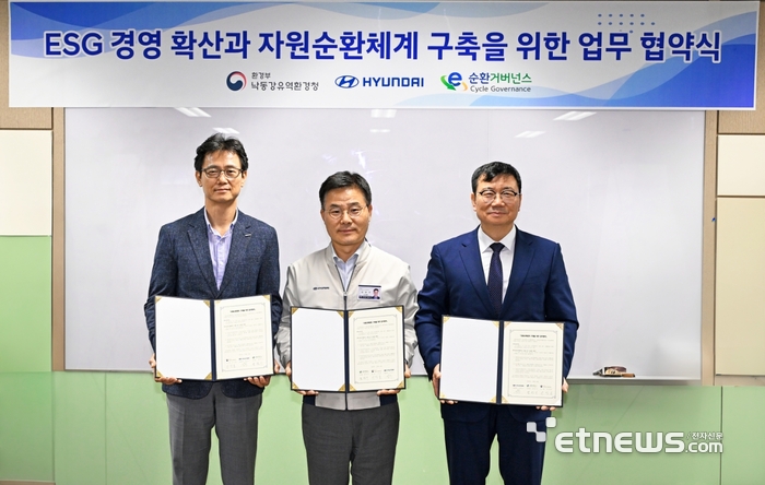 신석효 낙동강유역환경청 국장, 김상수 현대자동차 사업부장, 정덕기 E-순환거버넌스 이사장(왼쪽부터) 등이 17일 산업공정 내 전자폐기물 자원순환 체계 구축 및 ESG 기반 순환경제 확산을 위한 업무협약을 체결한 뒤 기념 촬영했다.