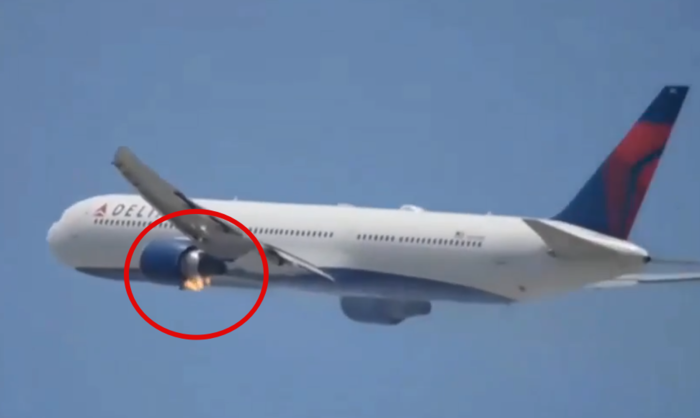 지난 18일(현지시간) 로스앤젤레스(LA) 국제공항에서 이륙한 델타항공 446편(보잉 767-400) 왼쪽 엔진에서 화재가 발생한 모습. 사진=엑스 캡처