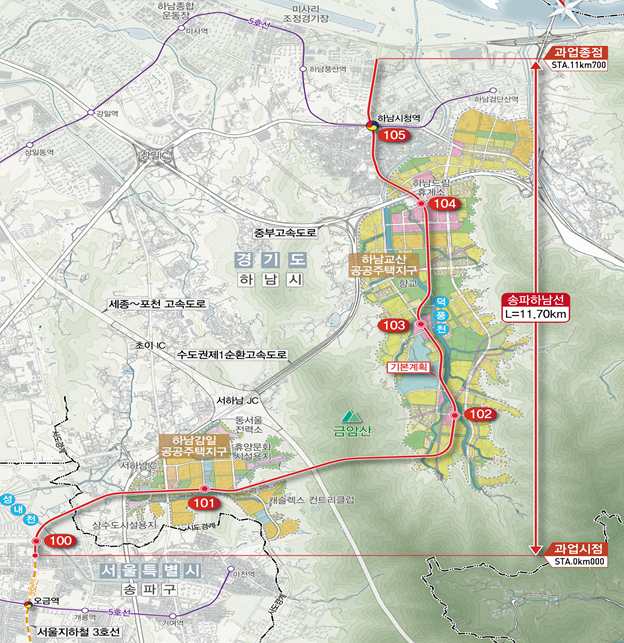 송파하남선(서울3호선 연장) 광역철도 위치도