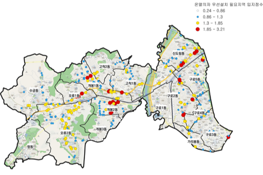 서울AI재단이 분석한 구로구 온열의자 우선 설치지역 입지 점수 비교. 서울시 제공