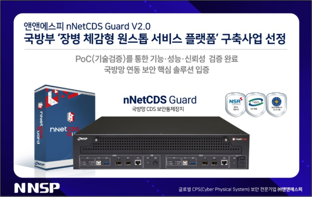 앤앤에스피가 국방부 '장병 체감형 원스톰 서비스 플랫폼' 구축 사업에 자사 크로스도메인솔루션(CDS) '엔넷CDS가드 V2.0'을 공급했다.