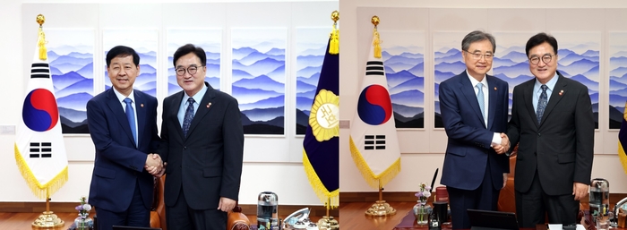 우원식 국회의장은 6일 구윤철 경제부총리 겸 기획재정부 장관(왼쪽), 조현 외교부 장관(오른쪽)을 연이어 접견하고 민생경제 회복과 외교 현안 대응에 대한 협력을 강조했다.