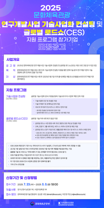 '2025년 문화체육관광 연구개발사업 기술사업화 컨설팅 프로그램' 참가기업 모집 공고문