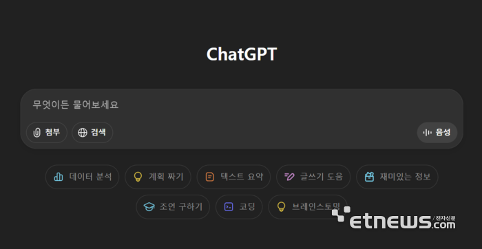 오픈AI의 생성형 인공지능(AI) 서비스 '챗GPT' PC 메인화면. GPT-5 적용으로 '이성(추론)' 버튼이 사라졌다. ⓒ홈페이지