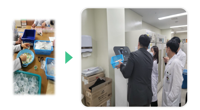 수작업에 의존했던 기존 종합병원 원내 약국의 반환 알약 분류 업무(왼쪽)과 메디노드의 알약 분류기 필봇을 적용한 사례 비교(사진=메디노드)
