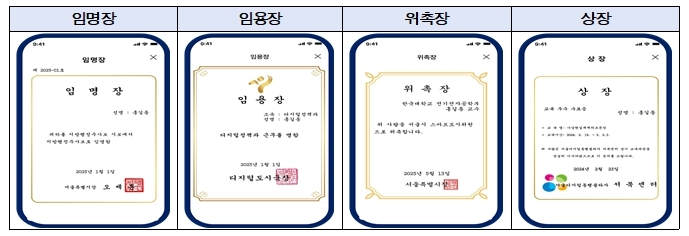 서울지갑 디지털증서 4종. 위·변조가 어려운 블록체인 기반의 모바일 앱으로 전자증명서 발급(정부24연계), 비대면 자격확인, 모바일카드(다둥이·임산부), 서울패스 간편인증, 디지털증서 수여 등에 활용 중이다. 자료=서울시 제공