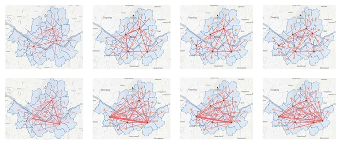 한국 서울 데이터를 기반으로 스카이포트 설치 개수 변화에 따른 결과를 시각화한 그림.