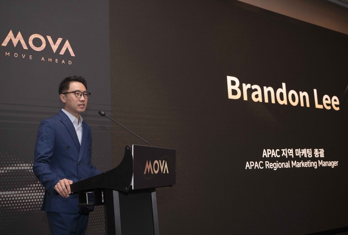 브랜든 리 모바 아시아태평양(APAC) 지역 마케팅 총괄이 20일 서울 여의도에서 열린 브랜드 론칭 행사에서 한국 시장 진출 배경을 설명하고 있다.