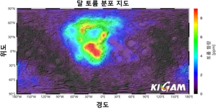 다누리에 탑재된 감마선 분광기로 제작한 '달 토륨 분포지도'. (우주청 제공)