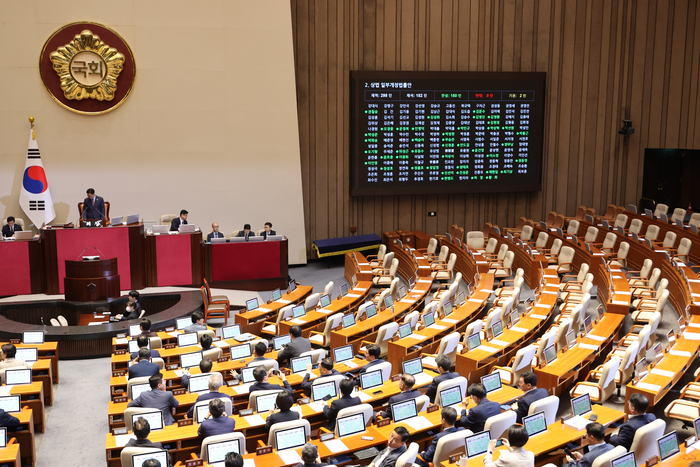 25일 국회 본회의에서 '더 센' 상법 개정안이 여당 주도로 통과되고 있다.      개정안은 자산 2조원 이상 상장사에 대해 집중투표제 도입을 의무화하고, 감사위원 분리 선출을 기존 1명에서 2명 이상으로 확대하는 내용을 골자로 한다. 연합뉴스