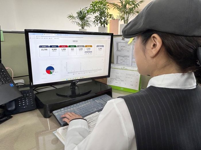 풀무원푸드앤컬처 영양사가 AIRS 시스템 분석자료를 활용하고 있다.