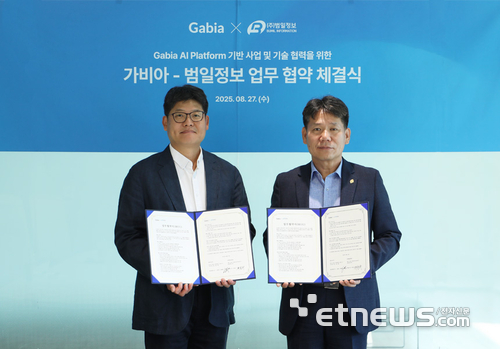 한덕한 가비아 전무(왼쪽)와 국승수 범일정보 대표가 업무협약 체결 후 기념촬영했다.