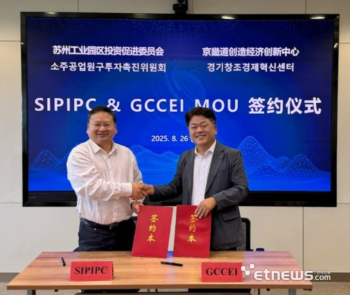 김원경 경기창조경제혁신센터 대표(오른쪽)가 26일 중국 장쑤성 쑤저우 산업단지와 글로벌 스타트업 교류 및 공동 성장을 위한 업무협약을 체결하고 기념 촬영했다.